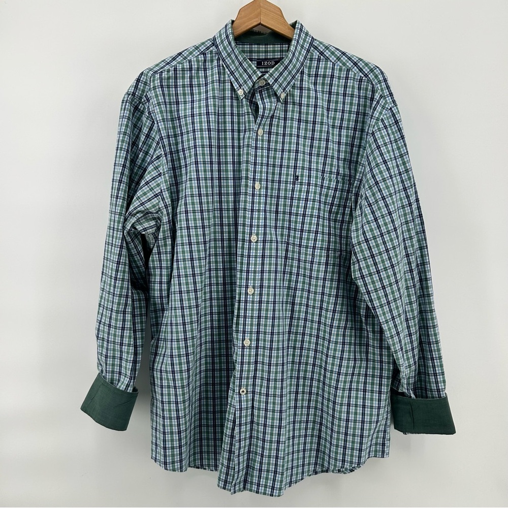 IZOD Premium Essentials Men's Long‎ Sleeve Shirt Sz L Plaid Flip Cuff Blue Green